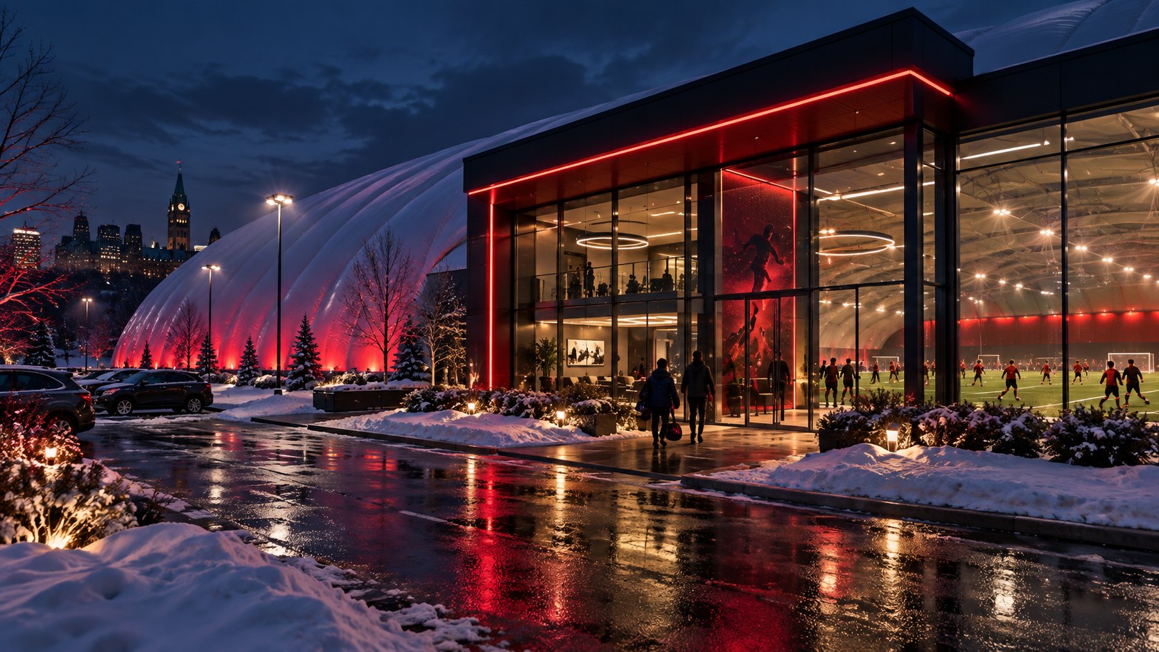 Concept of a modern indoor soccer facility in winter