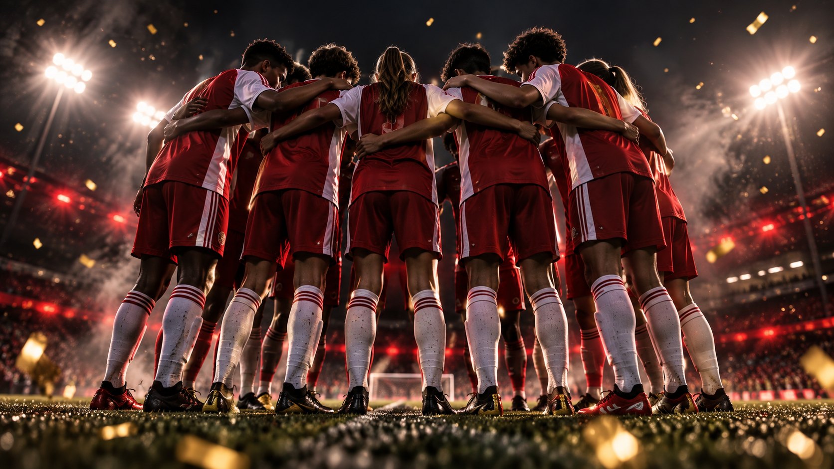 An academy team in a pre-match huddle under floodlights
