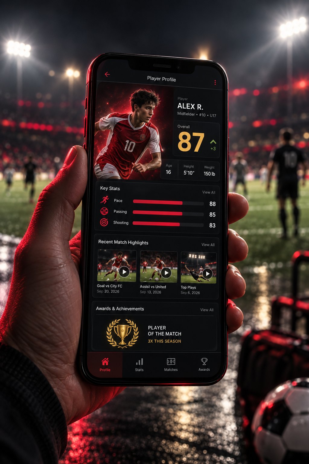 Player profile card on a phone